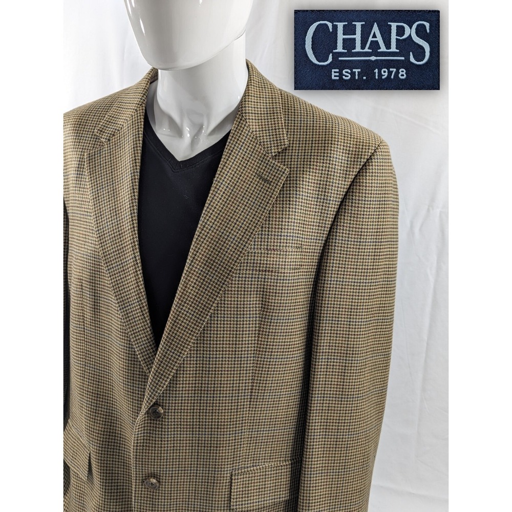 Vtg Chaps Ralph Lauren‎ Blazer Sports Suit Jacket 100% Silk 44R Big Houndstooth